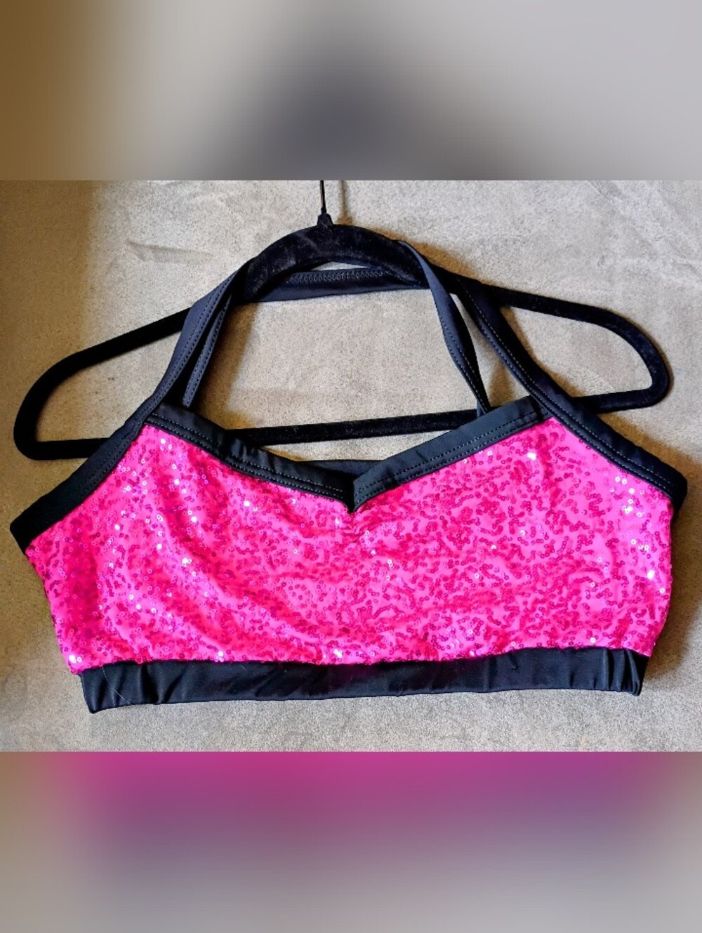 balera Hot Pink Sequin Halter Crop Top with Black Trim
